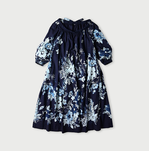 Anemone Bird Print Shirring Dress Indigo Discharge Print