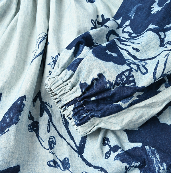 Anemone Bird Print Shirring Dress Detail