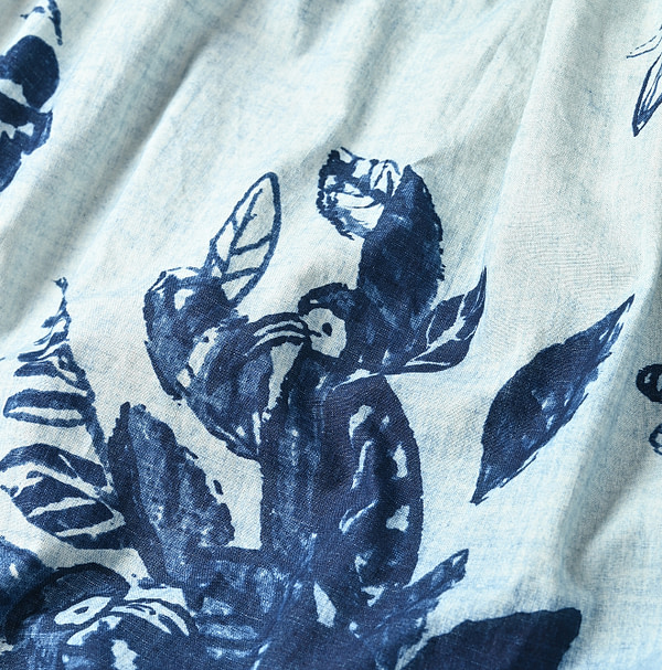Anemone Bird Print Shirring Dress Detail