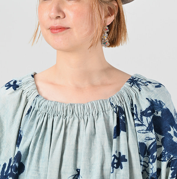 Anemone Bird Print Shirring Dress Detail