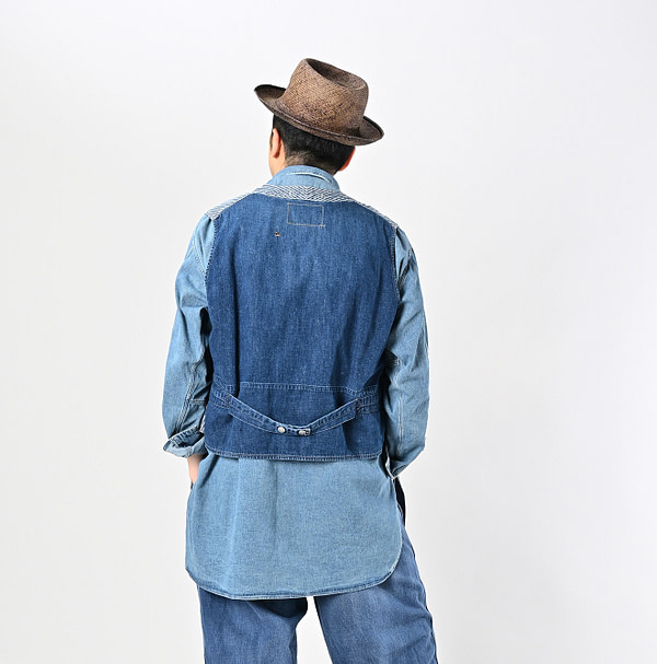 Rye Mugi Denim 908 Work Vest Distressed Male Model