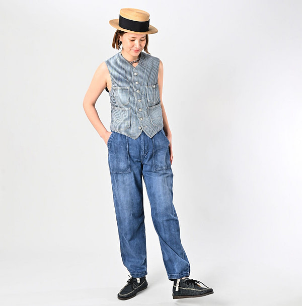 Rye Mugi Denim 908 Work Vest Distressed Female Model