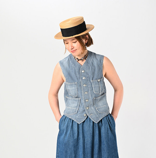 Rye Mugi Denim 908 Work Vest Distressed Female Model