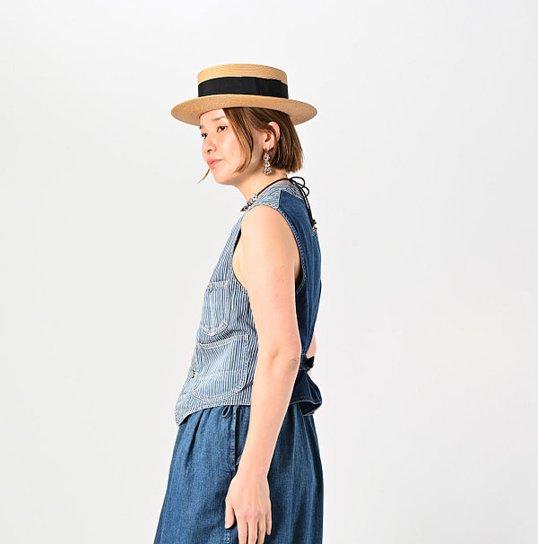 Rye Mugi Denim 908 Work Vest Distressed Female Model