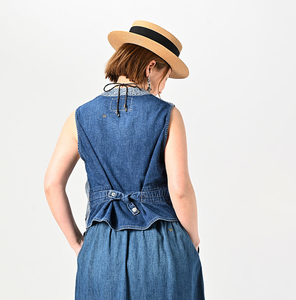 Rye Mugi Denim 908 Work Vest Distressed Female Model