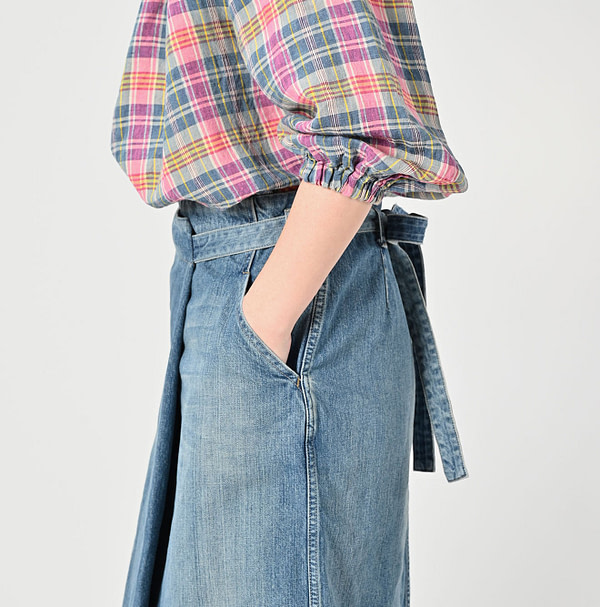 Rye Mugi Denim Wrapped Skirt Tan Detail
