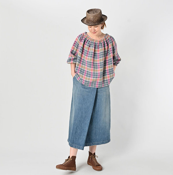 Rye Mugi Denim Wrapped Skirt Tan Female Model