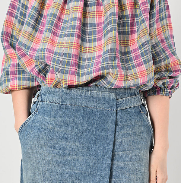 Rye Mugi Denim Wrapped Skirt Tan Detail