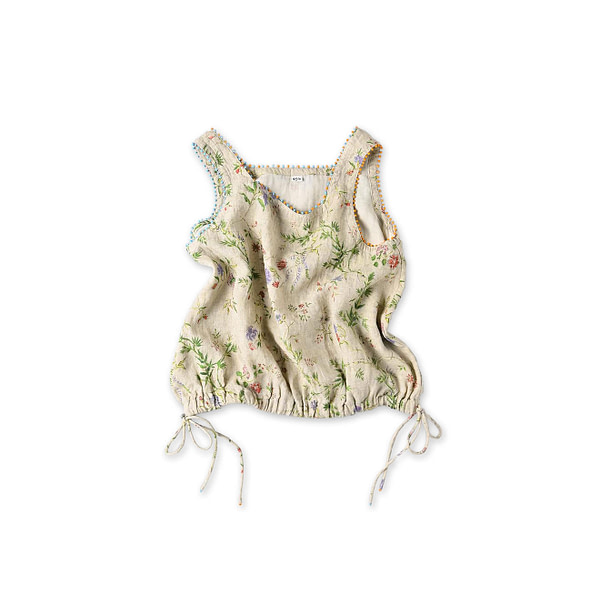 Indian Cotton Linen Double Woven Flower Print Poyon Camisole Beige