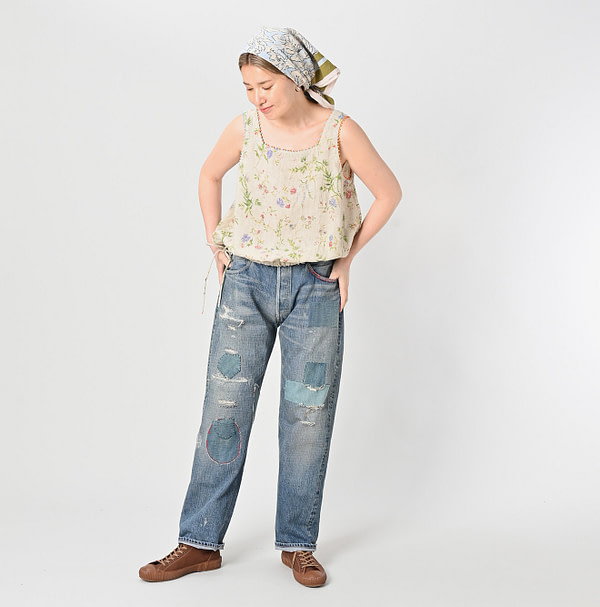 Indian Cotton Linen Double Woven Flower Print Poyon Camisole Female Model