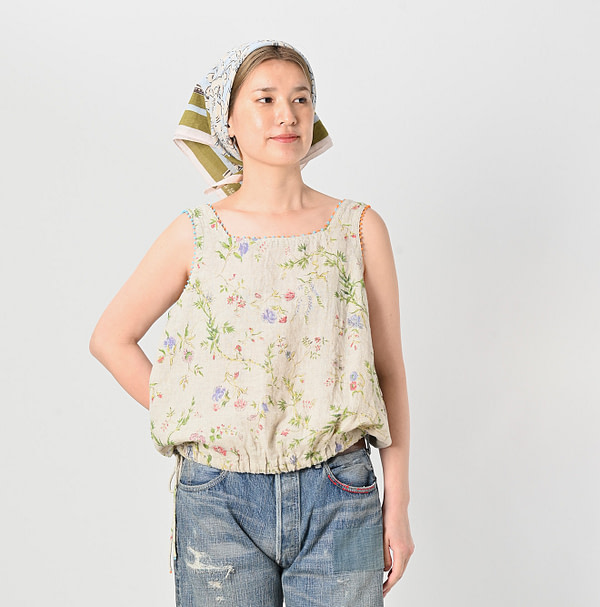 Indian Cotton Linen Double Woven Flower Print Poyon Camisole Female Model