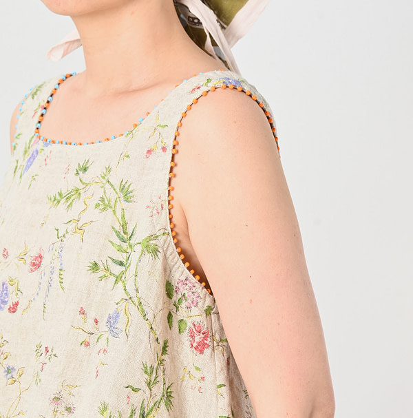 Indian Cotton Linen Double Woven Flower Print Poyon Camisole Detail