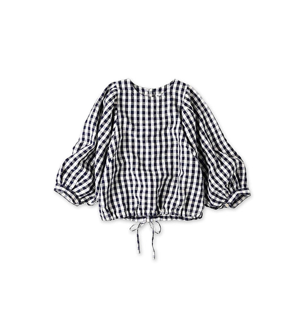 Indian Dozume Linen Puff Blouse Navy Gingham