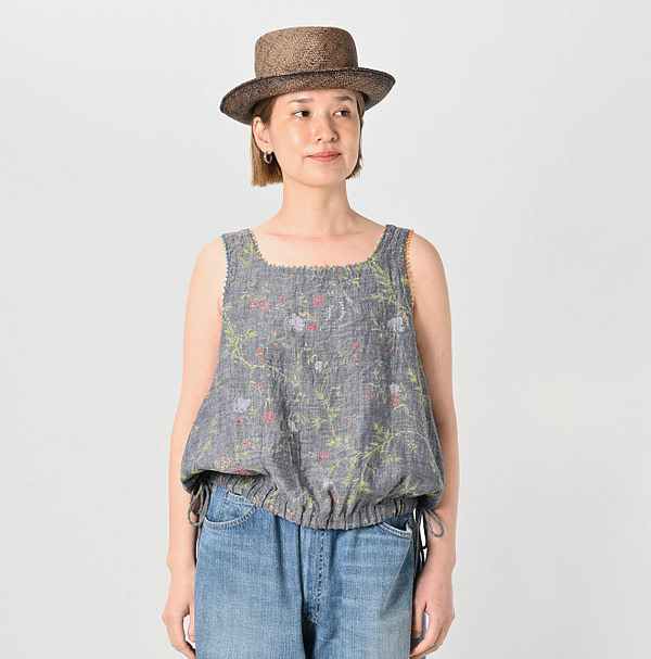 Dungaree Indian Cotton Linen Flower Print Poyon Camisole Blouse Female Model