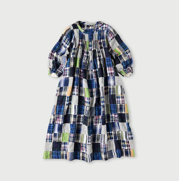 Indian Linen Patchwork Dress Blue Patchwork
