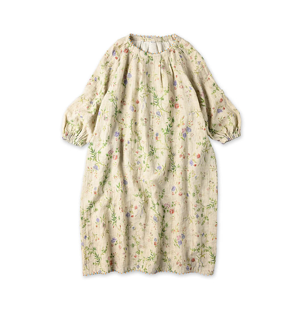 Indian Cotton Linen Double Woven Flower Print Tuck Dress Beige