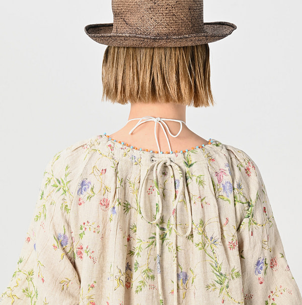 Indian Cotton Linen Double Woven Flower Print Tuck Dress Detail