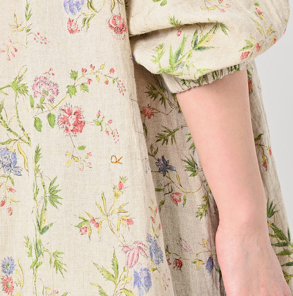 Indian Cotton Linen Double Woven Flower Print Tuck Dress Detail