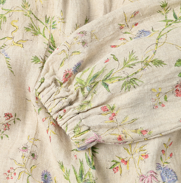 Indian Cotton Linen Double Woven Flower Print Tuck Dress Detail