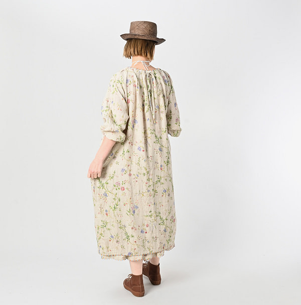 Indian Cotton Linen Double Woven Flower Print Tuck Dress Female Model