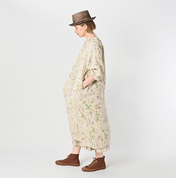 Indian Cotton Linen Double Woven Flower Print Tuck Dress Female Model