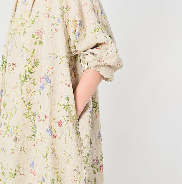 Indian Cotton Linen Double Woven Flower Print Tuck Dress Detail