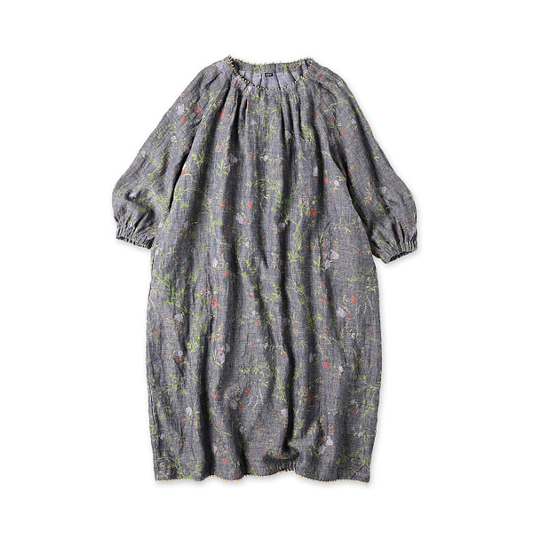 Indian Cotton Linen Dungaree Double Woven Flower Print Tuck Dress