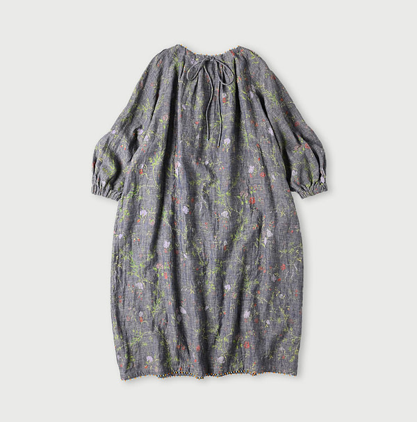 Indian Cotton Linen Dungaree Double Woven Flower Print Tuck Dress Back