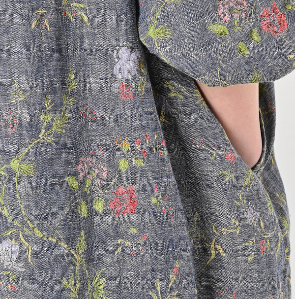 Indian Cotton Linen Dungaree Double Woven Flower Print Tuck Dress Detail