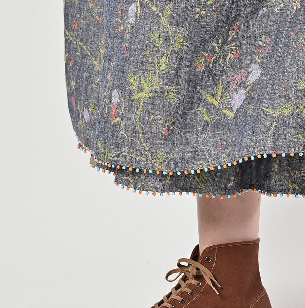 Indian Cotton Linen Dungaree Double Woven Flower Print Tuck Dress Detail