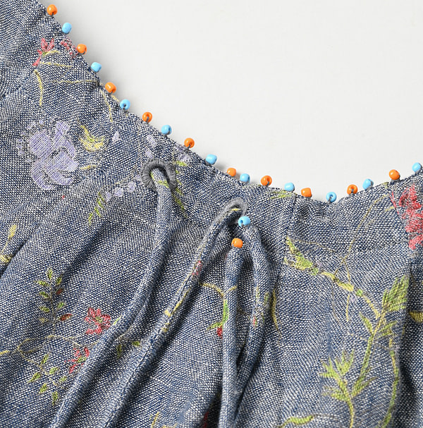 Indian Cotton Linen Dungaree Double Woven Flower Print Tuck Dress Detail