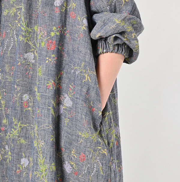 Indian Cotton Linen Dungaree Double Woven Flower Print Tuck Dress Detail