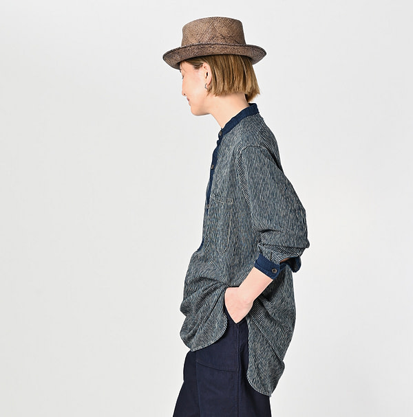 Indigo Hickory Tenjiku Grandpa Pull Shirt Female Model