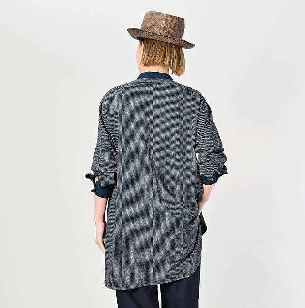 Indigo Hickory Tenjiku Grandpa Pull Shirt Female Model