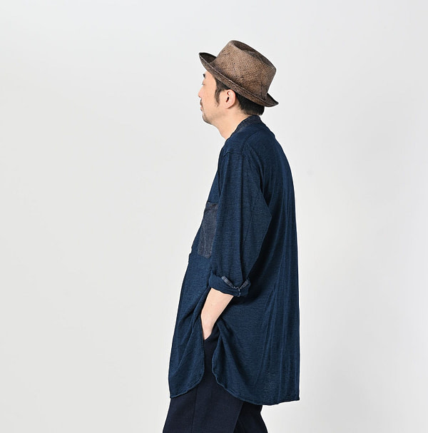 Indigo Denim Cutwork x Tenjiku Grandma Pull Shirt Male Model