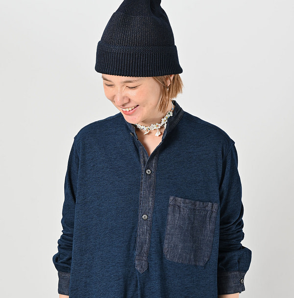 Indigo Denim Cutwork x Tenjiku Grandma Pull Shirt Detail
