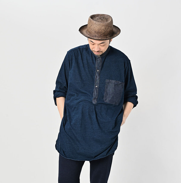 Indigo Denim Cutwork x Tenjiku Grandma Pull Shirt Male Model