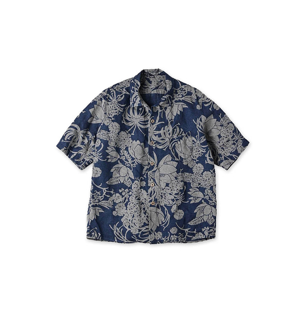 Indigo Linen Lotus Print LeiLei Shirt MEN