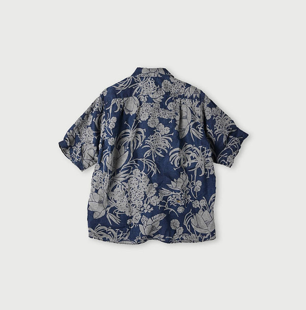Indigo Linen Lotus Print LeiLei Shirt MEN Back