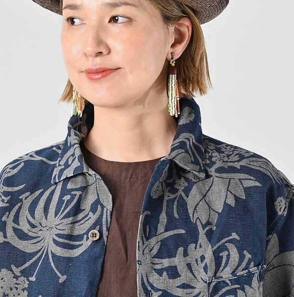 Indigo Linen Lotus Print LeiLei Shirt MEN Detail