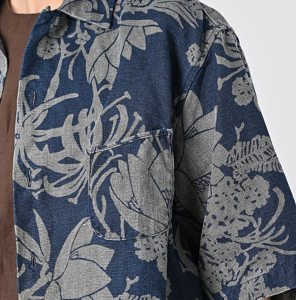Indigo Linen Lotus Print LeiLei Shirt MEN Detail
