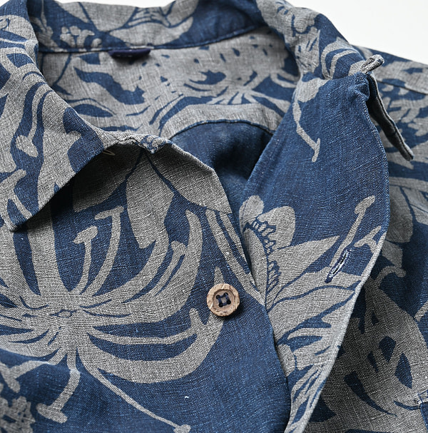 Indigo Linen Lotus Print LeiLei Shirt MEN Detail