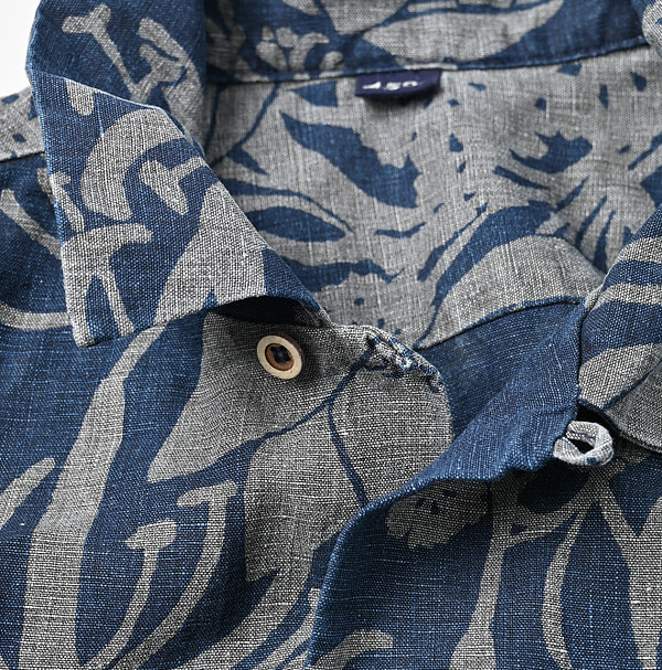 Indigo Linen Lotus Print LeiLei Shirt MEN Detail