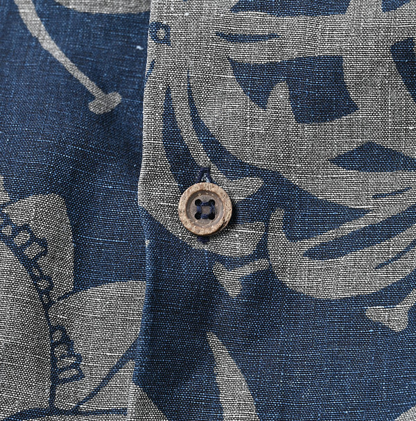 Indigo Linen Lotus Print LeiLei Shirt MEN Detail