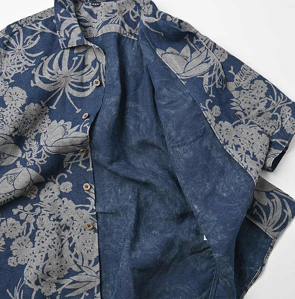 Indigo Linen Lotus Print LeiLei Shirt MEN Detail