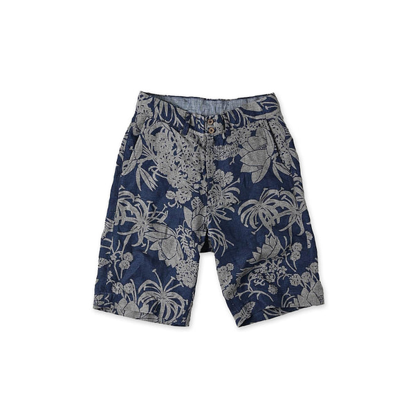 Indigo Linen Lotus Print Nîmes Short Pants MEN