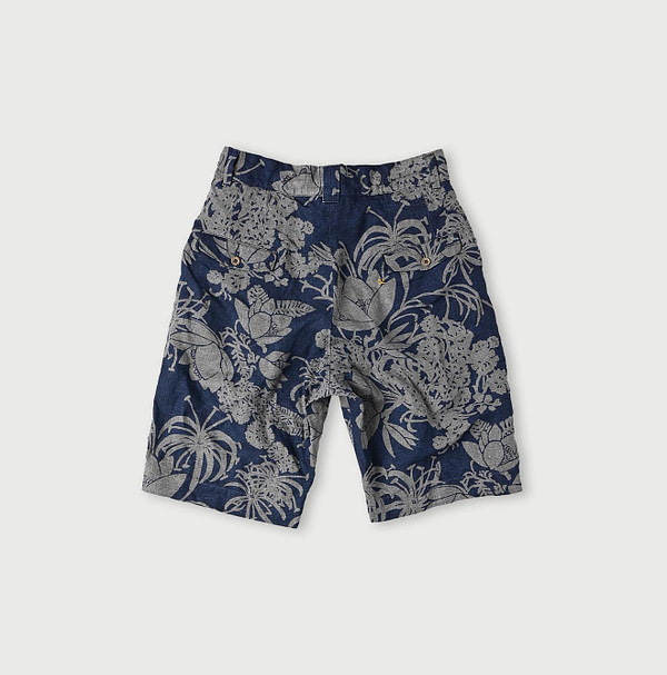 Indigo Linen Lotus Print Nîmes Short Pants MEN Back