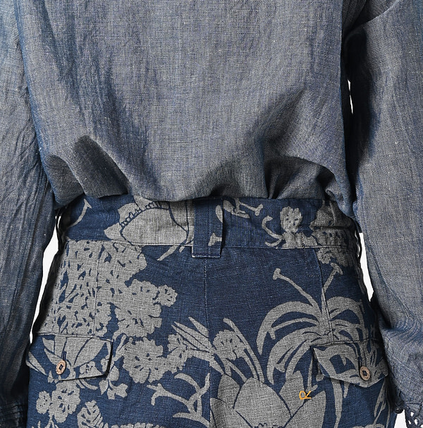Indigo Linen Lotus Print Nîmes Short Pants MEN Detail