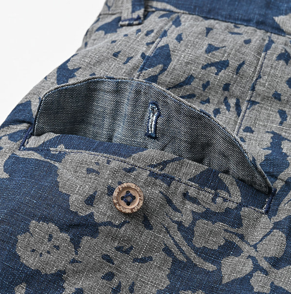 Indigo Linen Lotus Print Nîmes Short Pants MEN Detail