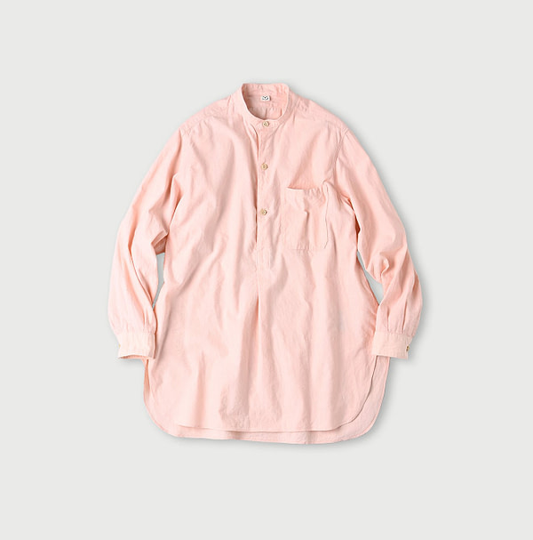 Indigo Khadi OX 908 Stand Collar Grandpa Pull Shirt Pink Chambray